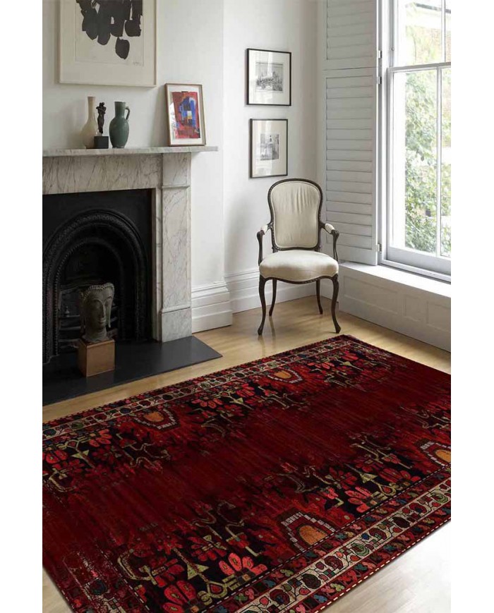 Lucy Eskitme Desenli Pamuk Tabanlı Yıkanabilen Kaydırmaz Antibakteriyel Şönil Salon Halısı