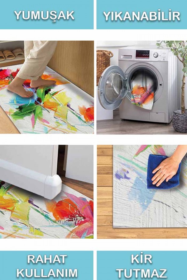 Lorane Desenli Pamuk Tabanlı Yıkanabilen Kaydırmaz Antibakteriyel Şönil Salon Halısı