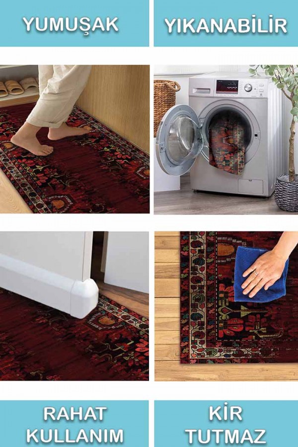 Lucy Eskitme Desenli Pamuk Tabanlı Yıkanabilen Kaydırmaz Antibakteriyel Şönil Salon Halısı