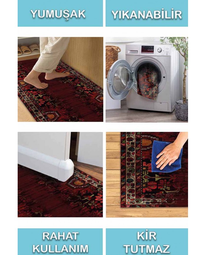 Lucy Eskitme Desenli Pamuk Tabanlı Yıkanabilen Kaydırmaz Antibakteriyel Şönil Salon Halısı