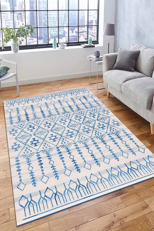 Malmö Bodrum İskandinav Desenli Pamuk Tabanlı Yıkanabilen Kaydırmaz Antibakteriyel Şönil Salon Halısı