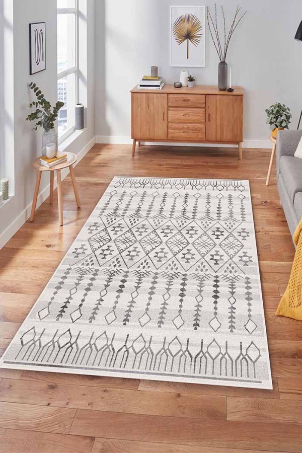 Malmö İskandinav Desenli Pamuk Tabanlı Yıkanabilen Kaydırmaz Antibakteriyel Şönil Salon Halısı