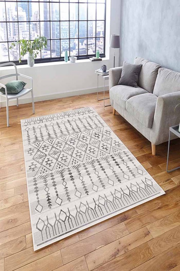 Malmö İskandinav Desenli Pamuk Tabanlı Yıkanabilen Kaydırmaz Antibakteriyel Şönil Salon Halısı