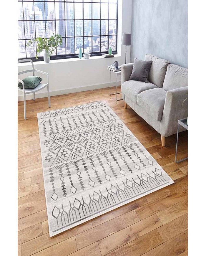 Malmö İskandinav Desenli Pamuk Tabanlı Yıkanabilen Kaydırmaz Antibakteriyel Şönil Salon Halısı