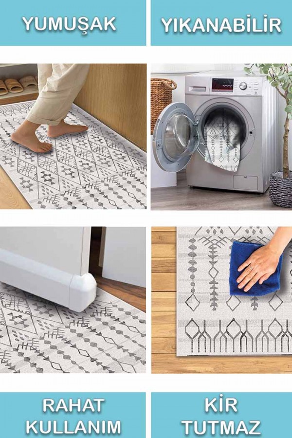 Malmö İskandinav Desenli Pamuk Tabanlı Yıkanabilen Kaydırmaz Antibakteriyel Şönil Salon Halısı