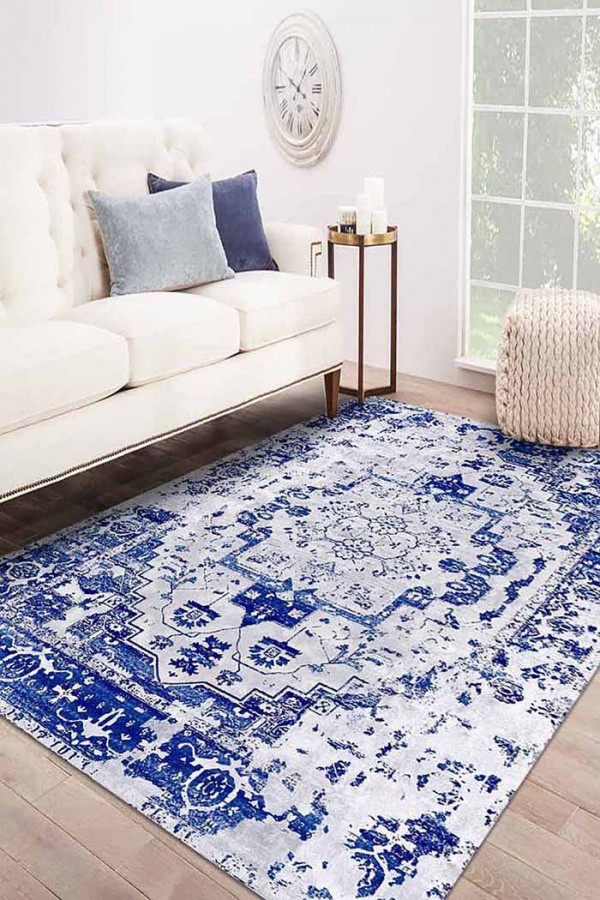 Maple Eskitme Desenli Pamuk Tabanlı Yıkanabilen Kaydırmaz Antibakteriyel Şönil Salon Halısı