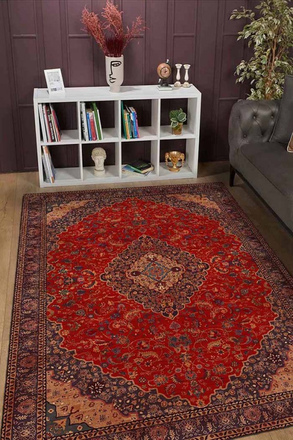 Marigold Eskitme Desenli Pamuk Tabanlı Yıkanabilen Kaydırmaz Antibakteriyel Şönil Salon Halısı