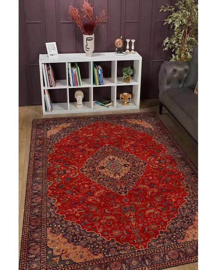 Marigold Eskitme Desenli Pamuk Tabanlı Yıkanabilen Kaydırmaz Antibakteriyel Şönil Salon Halısı