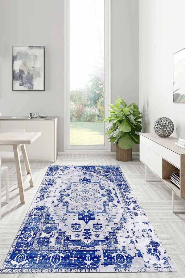 Maple Eskitme Desenli Pamuk Tabanlı Yıkanabilen Kaydırmaz Antibakteriyel Şönil Salon Halısı