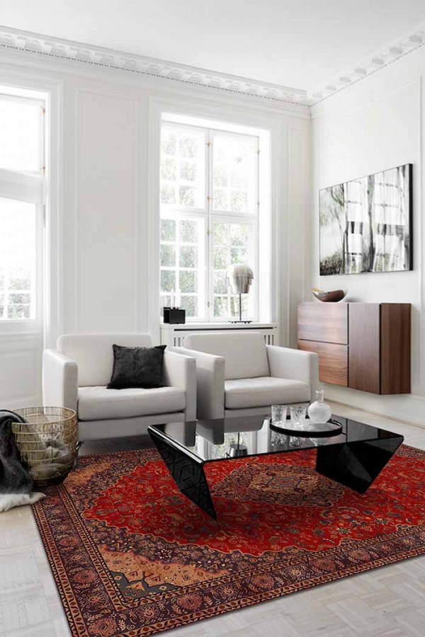 Marigold Eskitme Desenli Pamuk Tabanlı Yıkanabilen Kaydırmaz Antibakteriyel Şönil Salon Halısı