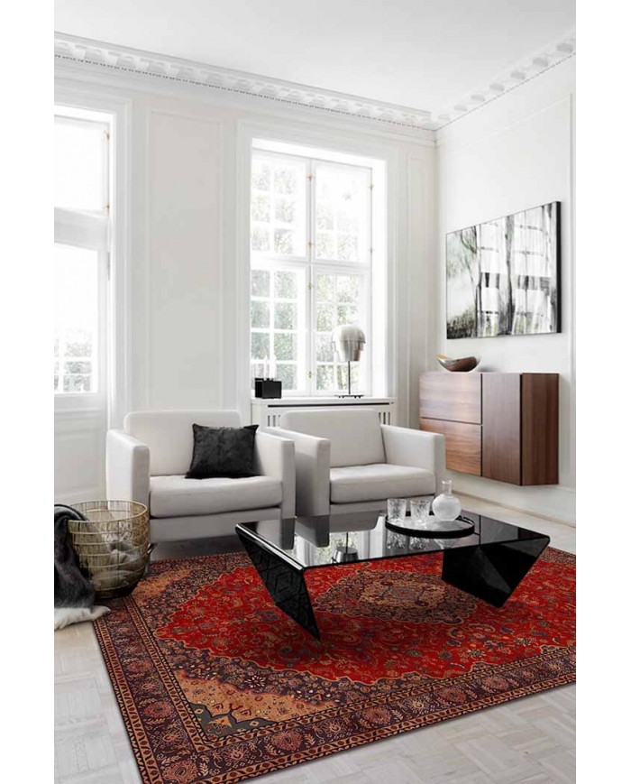 Marigold Eskitme Desenli Pamuk Tabanlı Yıkanabilen Kaydırmaz Antibakteriyel Şönil Salon Halısı