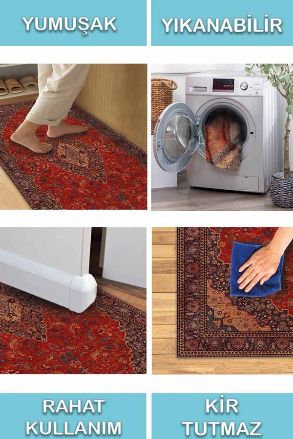 Marigold Eskitme Desenli Pamuk Tabanlı Yıkanabilen Kaydırmaz Antibakteriyel Şönil Salon Halısı