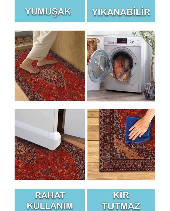 Marigold Eskitme Desenli Pamuk Tabanlı Yıkanabilen Kaydırmaz Antibakteriyel Şönil Salon Halısı