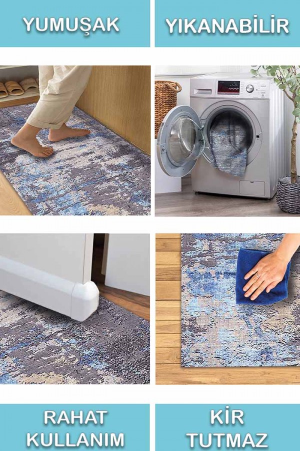 Mea Desenli Pamuk Tabanlı Yıkanabilen Kaydırmaz Antibakteriyel Şönil Salon Halısı