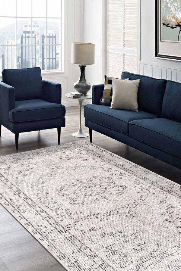 Milkyelegance Eskitme Desenli Pamuk Tabanlı Yıkanabilen Kaydırmaz Antibakteriyel Şönil Salon Halısı