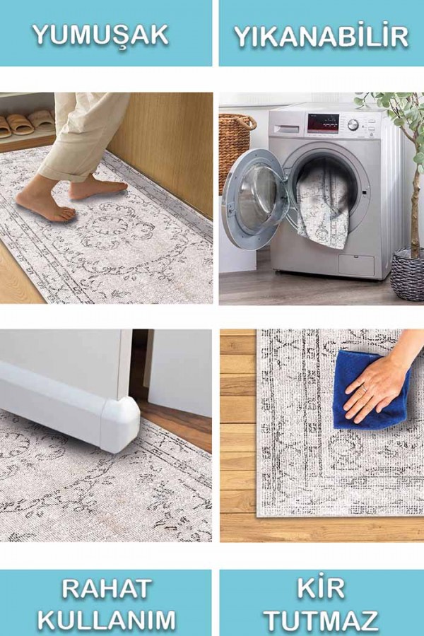 Milkyelegance Eskitme Desenli Pamuk Tabanlı Yıkanabilen Kaydırmaz Antibakteriyel Şönil Salon Halısı