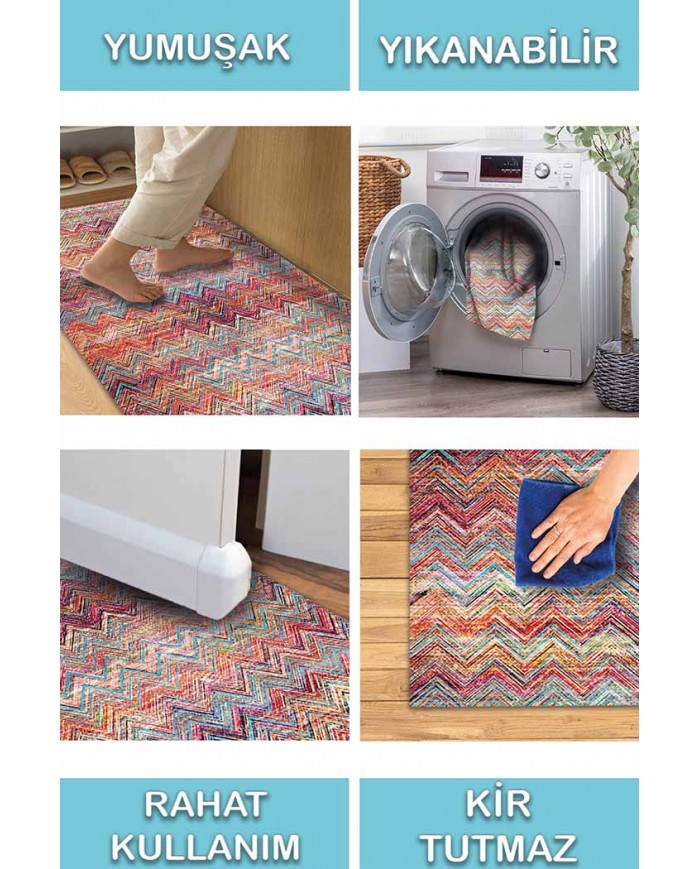 Missoni Desenli Pamuk Tabanlı Yıkanabilen Kaydırmaz Antibakteriyel Şönil Salon Halısı