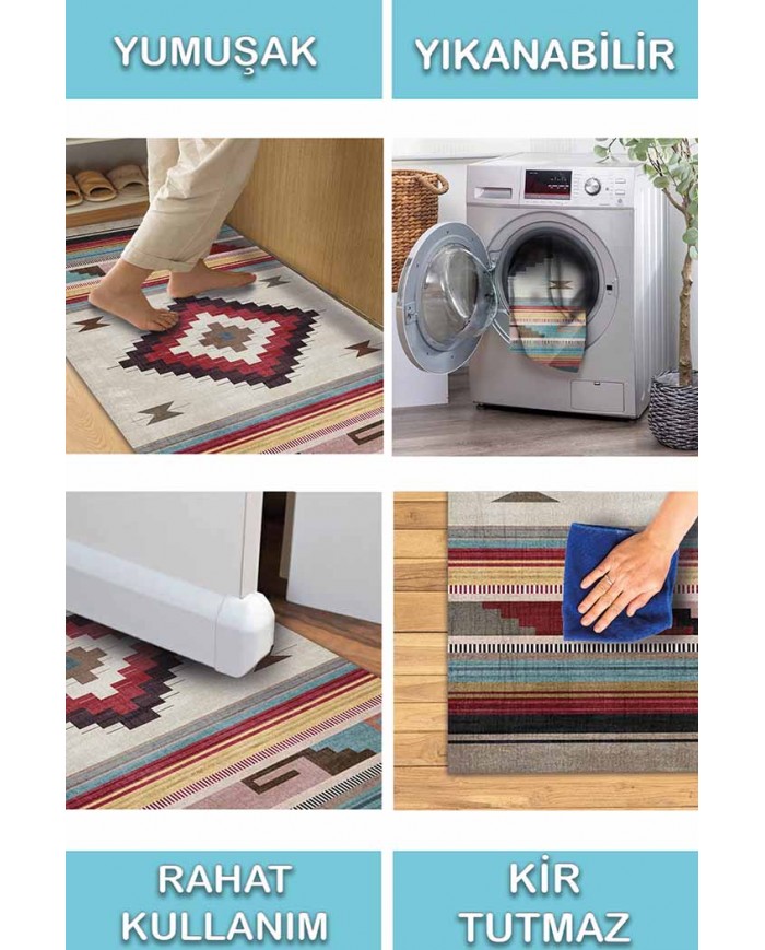 Misty Desenli Pamuk Tabanlı Yıkanabilen Kaydırmaz Antibakteriyel Şönil Salon Halısı
