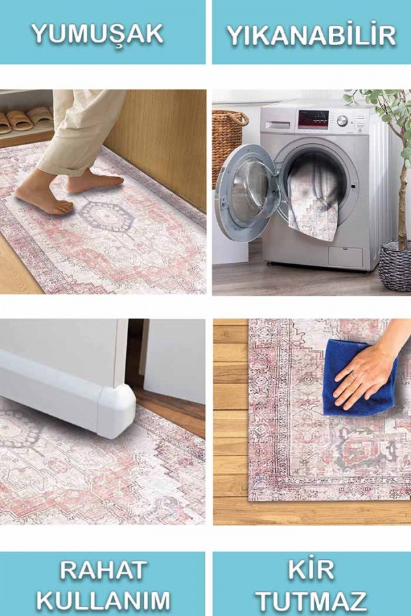 Moeno Kilim Desenli Pamuk Tabanlı Yıkanabilen Kaydırmaz Antibakteriyel Şönil Salon Halısı