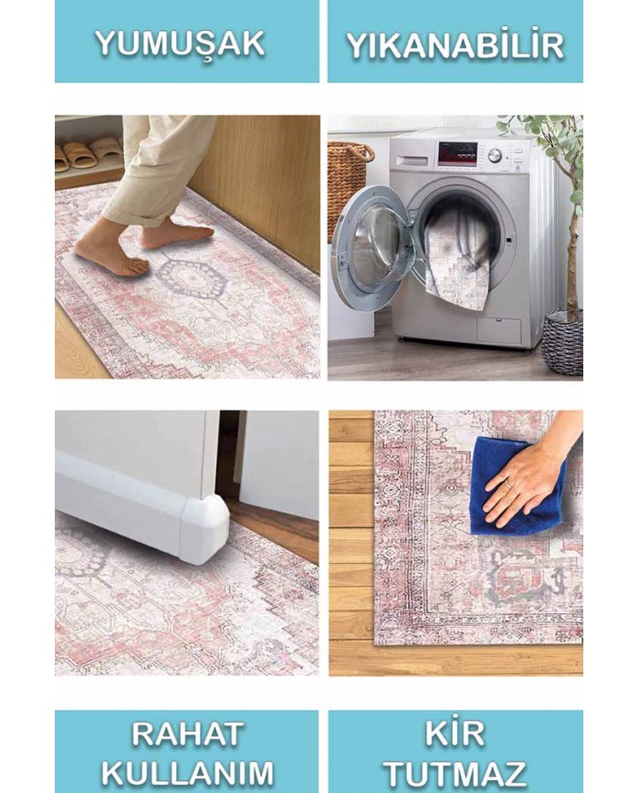 Moeno Kilim Desenli Pamuk Tabanlı Yıkanabilen Kaydırmaz Antibakteriyel Şönil Salon Halısı
