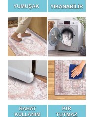 Moeno Kilim Desenli Pamuk Tabanlı Yıkanabilen Kaydırmaz Antibakteriyel Şönil Salon Halısı