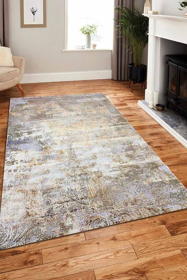 Monet Desenli Pamuk Tabanlı Yıkanabilen Kaydırmaz Antibakteriyel Şönil Salon Halısı