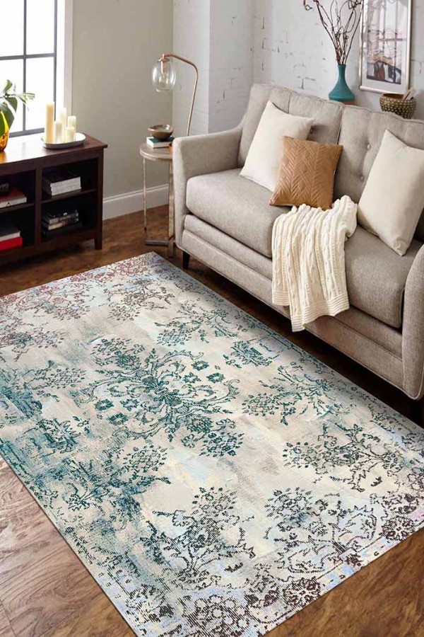 Moss Eskitme Desenli Pamuk Tabanlı Yıkanabilen Kaydırmaz Antibakteriyel Şönil Salon Halısı