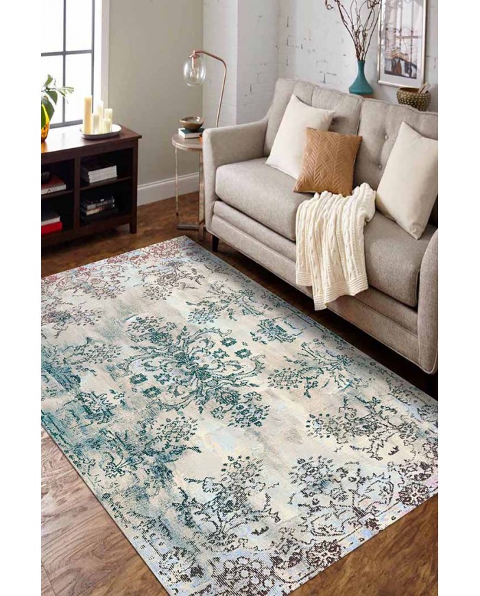 Moss Eskitme Desenli Pamuk Tabanlı Yıkanabilen Kaydırmaz Antibakteriyel Şönil Salon Halısı