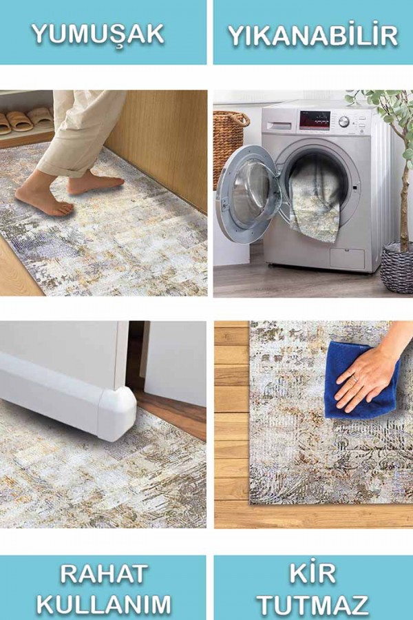 Monet Desenli Pamuk Tabanlı Yıkanabilen Kaydırmaz Antibakteriyel Şönil Salon Halısı