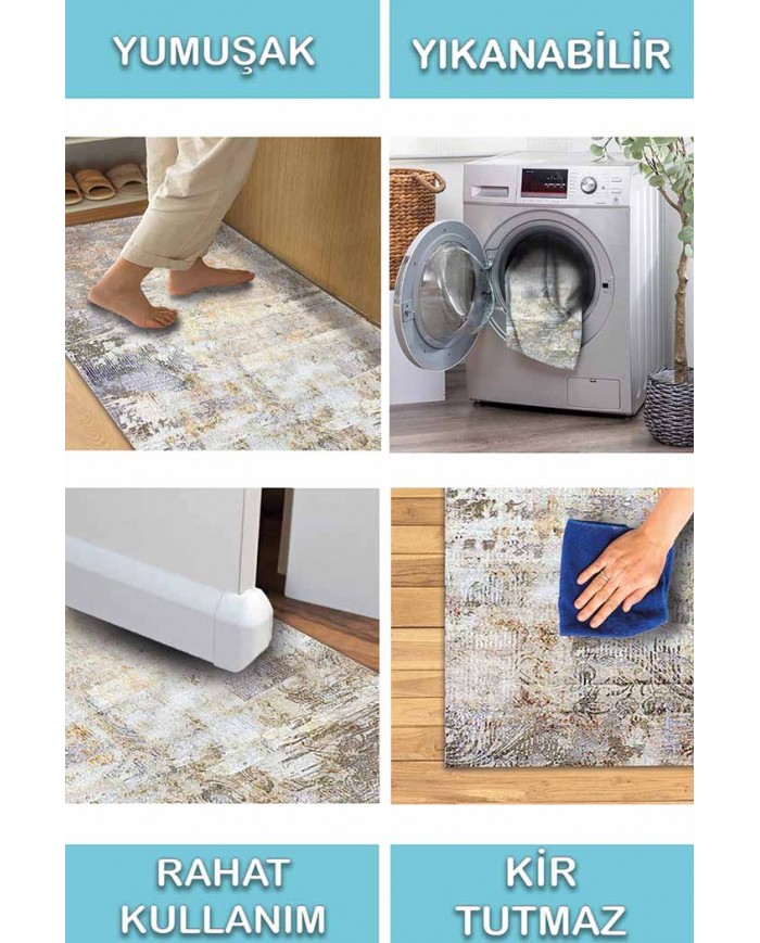 Monet Desenli Pamuk Tabanlı Yıkanabilen Kaydırmaz Antibakteriyel Şönil Salon Halısı