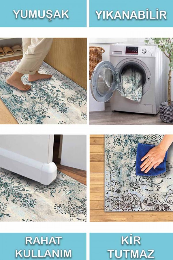 Moss Eskitme Desenli Pamuk Tabanlı Yıkanabilen Kaydırmaz Antibakteriyel Şönil Salon Halısı