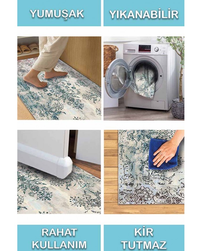 Moss Eskitme Desenli Pamuk Tabanlı Yıkanabilen Kaydırmaz Antibakteriyel Şönil Salon Halısı