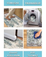 Moss Eskitme Desenli Pamuk Tabanlı Yıkanabilen Kaydırmaz Antibakteriyel Şönil Salon Halısı