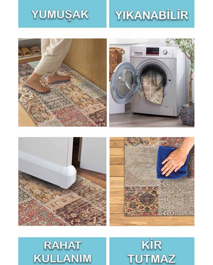 Nadine Patchwork Desenli Pamuk Tabanlı Yıkanabilen Kaydırmaz Antibakteriyel Şönil Salon Halısı