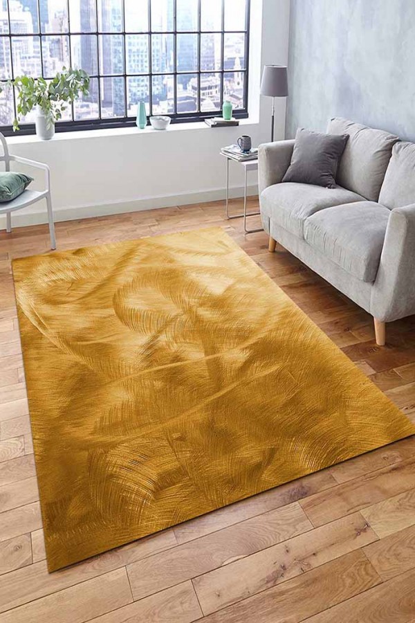 Nigra-Hardal Desenli Pamuk Tabanlı Yıkanabilen Kaydırmaz Antibakteriyel Şönil Salon Halısı