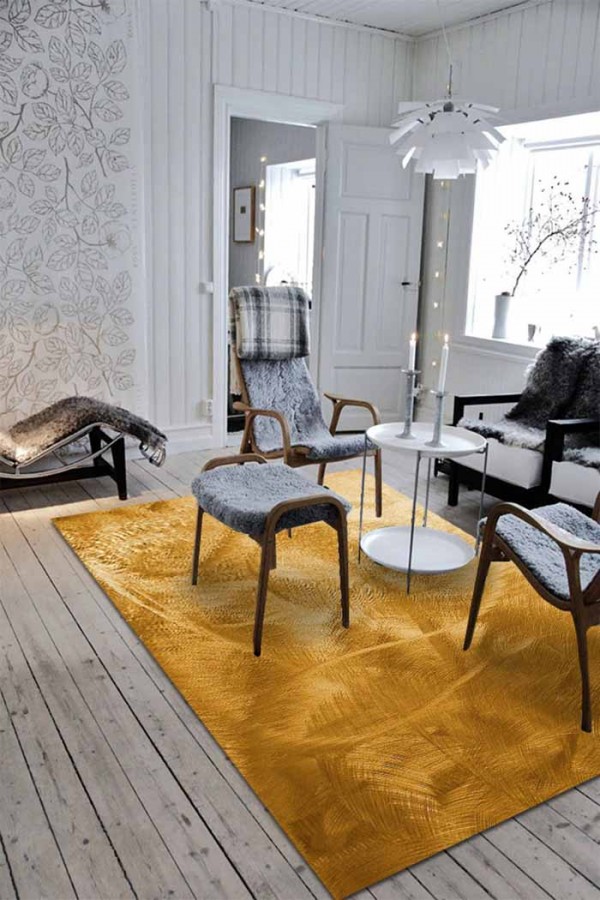 Nigra-Hardal Desenli Pamuk Tabanlı Yıkanabilen Kaydırmaz Antibakteriyel Şönil Salon Halısı