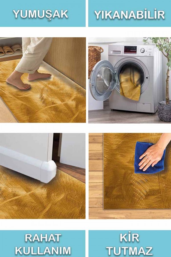 Nigra-Hardal Desenli Pamuk Tabanlı Yıkanabilen Kaydırmaz Antibakteriyel Şönil Salon Halısı