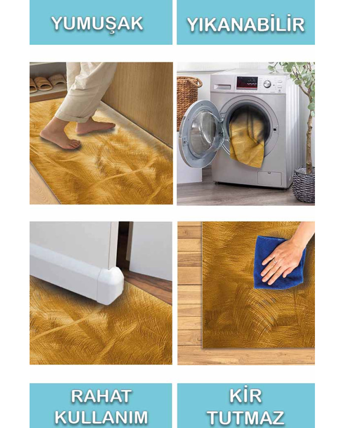 Nigra-Hardal Desenli Pamuk Tabanlı Yıkanabilen Kaydırmaz Antibakteriyel Şönil Salon Halısı