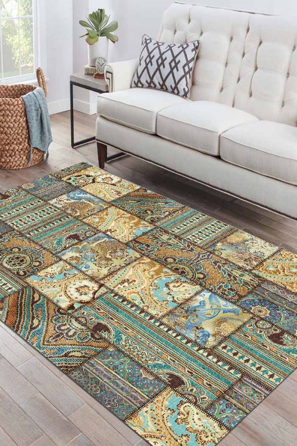 Node Patchwork Desenli Pamuk Tabanlı Yıkanabilen Kaydırmaz Antibakteriyel Şönil Salon Halısı