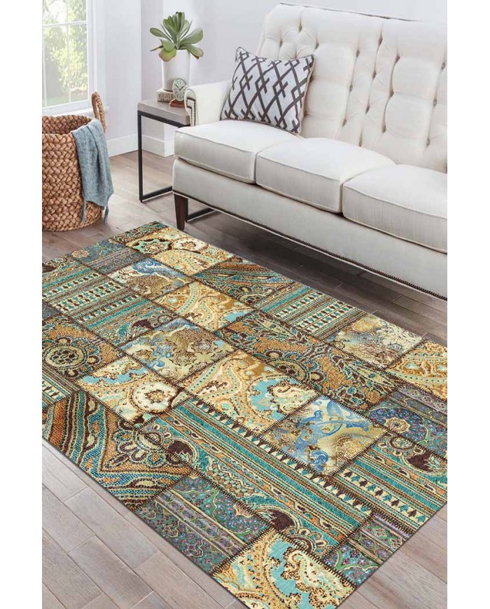 Node Patchwork Desenli Pamuk Tabanlı Yıkanabilen Kaydırmaz Antibakteriyel Şönil Salon Halısı