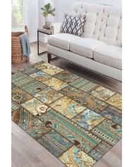 Node Patchwork Desenli Pamuk Tabanlı Yıkanabilen Kaydırmaz Antibakteriyel Şönil Salon Halısı