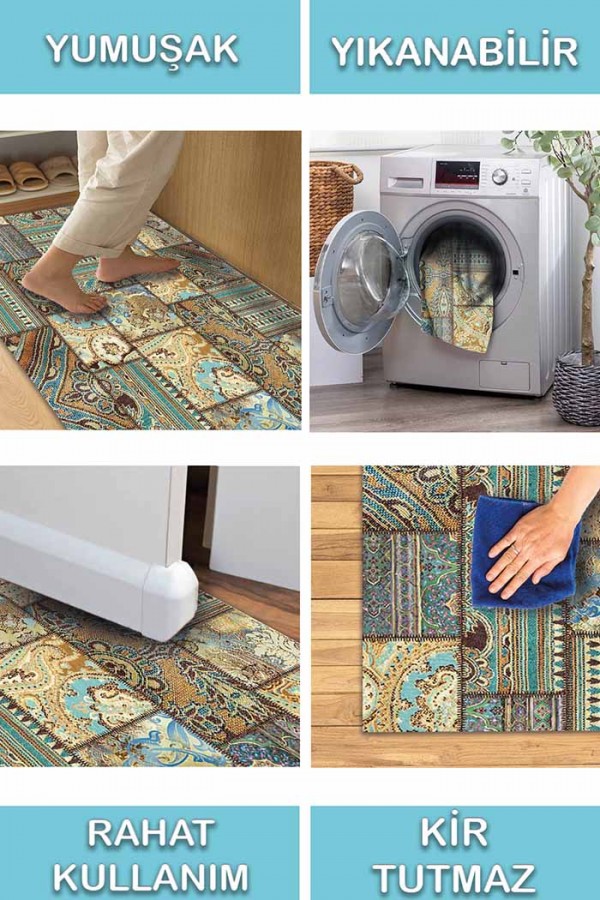 Node Patchwork Desenli Pamuk Tabanlı Yıkanabilen Kaydırmaz Antibakteriyel Şönil Salon Halısı