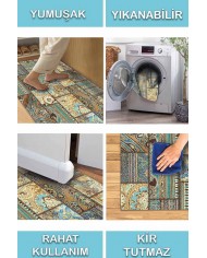 Node Patchwork Desenli Pamuk Tabanlı Yıkanabilen Kaydırmaz Antibakteriyel Şönil Salon Halısı