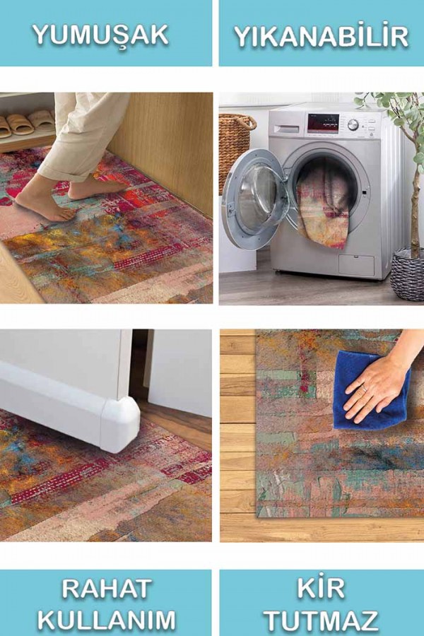 Pablo Desenli Pamuk Tabanlı Yıkanabilen Kaydırmaz Antibakteriyel Şönil Salon Halısı