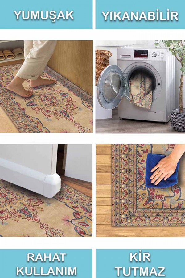 Pojix Pamuk Tabanlı Yıkanabilen Kaydırmaz Antibakteriyel Şönil Salon Halısı