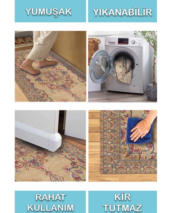 Pojix Pamuk Tabanlı Yıkanabilen Kaydırmaz Antibakteriyel Şönil Salon Halısı