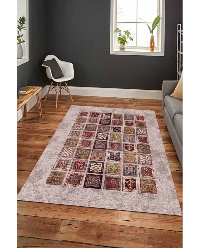 Puzzle Eskitme Desenli Pamuk Tabanlı Yıkanabilen Kaydırmaz Antibakteriyel Şönil Salon Halısı