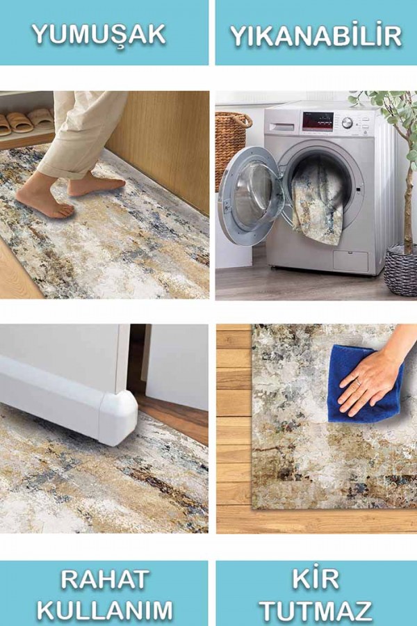 Porter Desenli Pamuk Tabanlı Yıkanabilen Kaydırmaz Antibakteriyel Şönil Salon Halısı