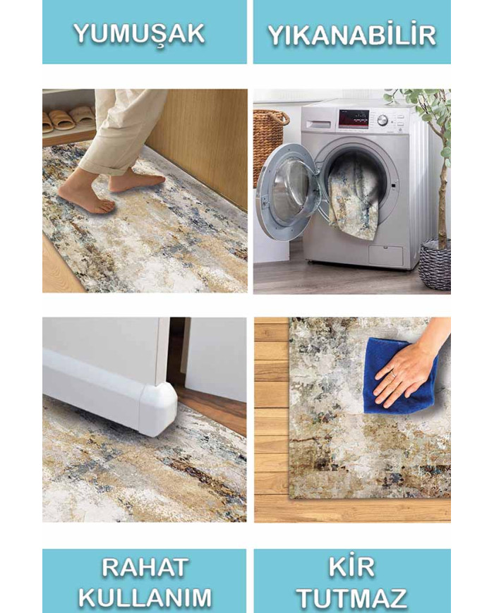 Porter Desenli Pamuk Tabanlı Yıkanabilen Kaydırmaz Antibakteriyel Şönil Salon Halısı