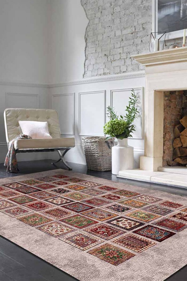 Puzzle Eskitme Desenli Pamuk Tabanlı Yıkanabilen Kaydırmaz Antibakteriyel Şönil Salon Halısı